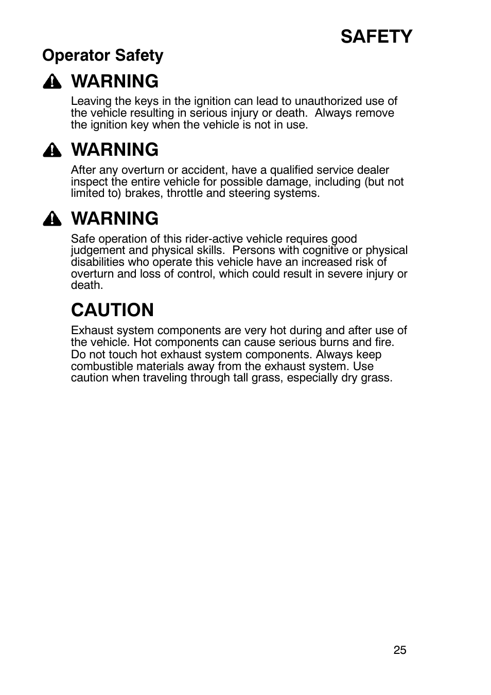 Safety, Warning, Caution | Operator safety | Polaris Trail Boss 9920770 User Manual | Page 28 / 122