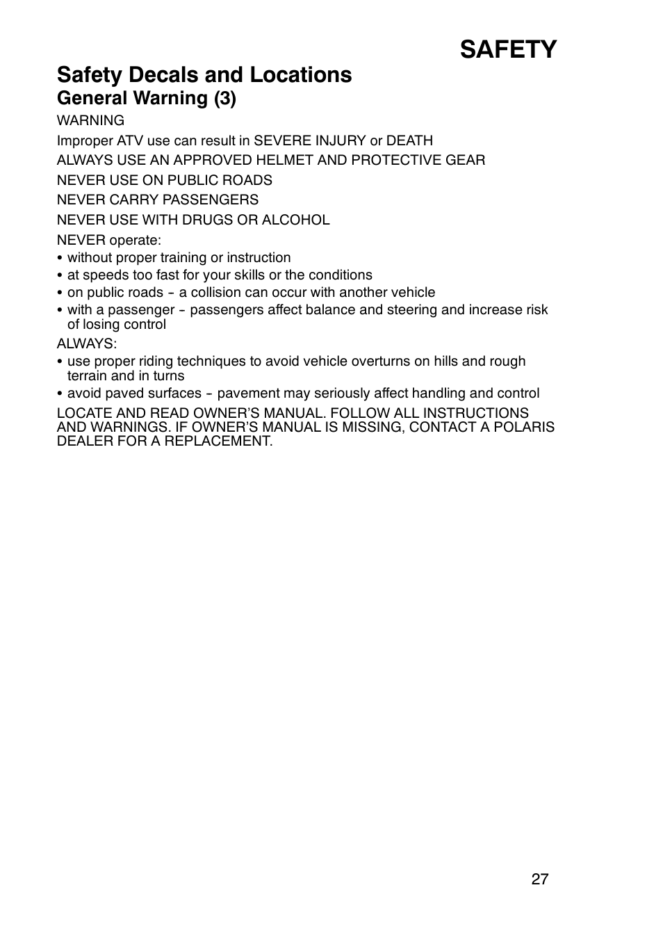 Safety, Safety decals and locations, General warning (3) | Polaris Trail Boss 9920770 User Manual | Page 30 / 122