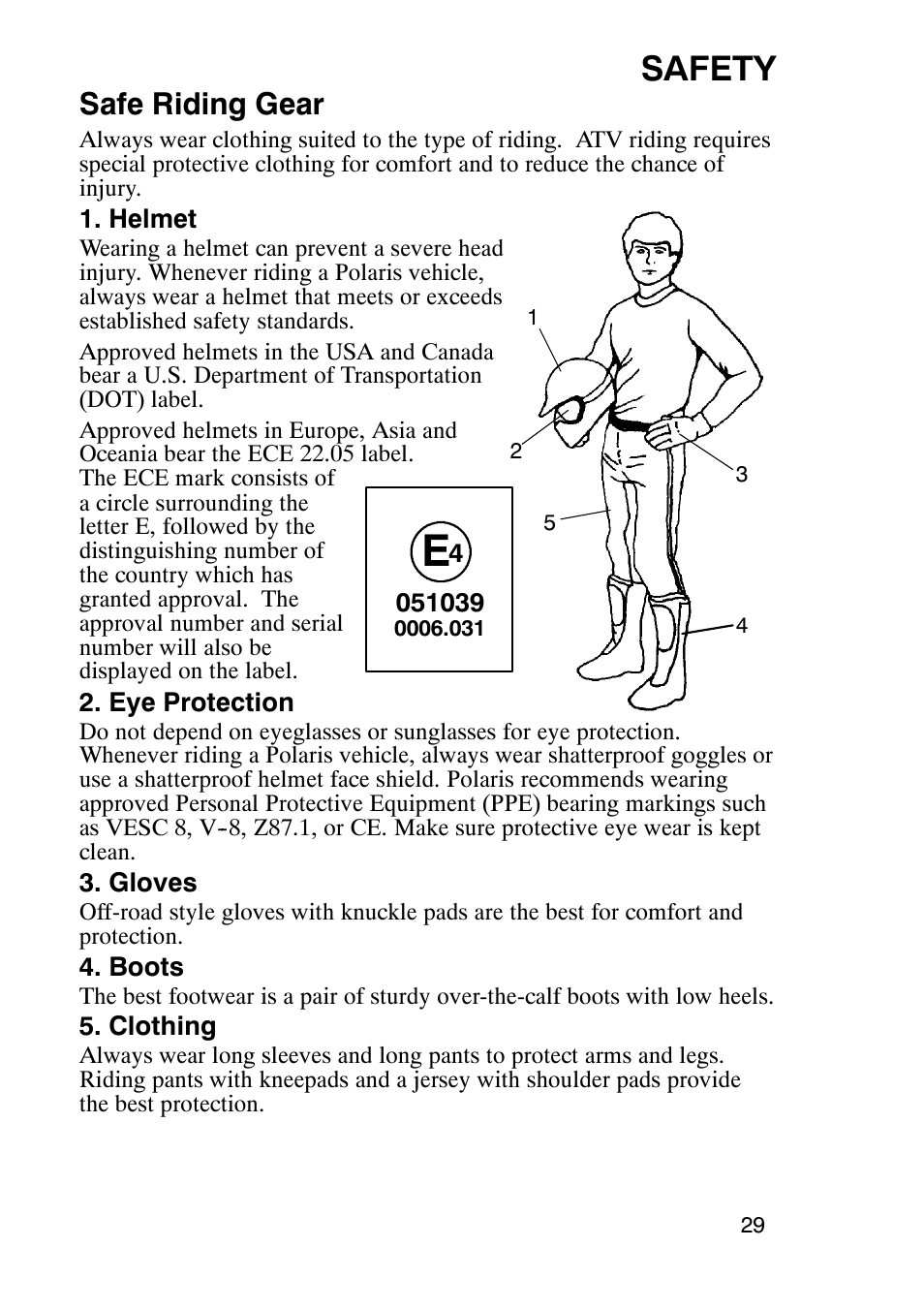 Safety, Safe riding gear | Polaris Trail Boss 9920770 User Manual | Page 32 / 122