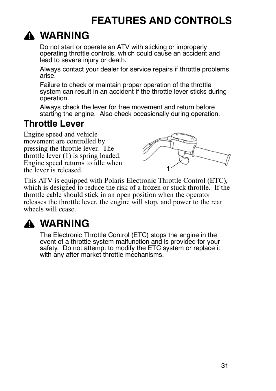 Features and controls warning, Warning, Throttle lever | Polaris Trail Boss 9920770 User Manual | Page 34 / 122