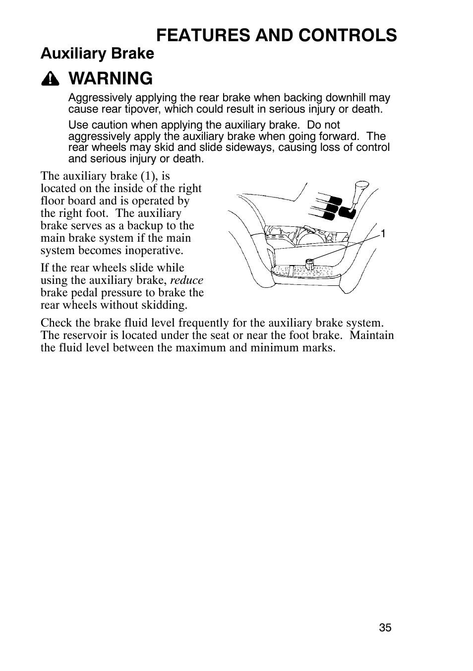Features and controls, Warning, Auxiliary brake | Polaris Trail Boss 9920770 User Manual | Page 38 / 122