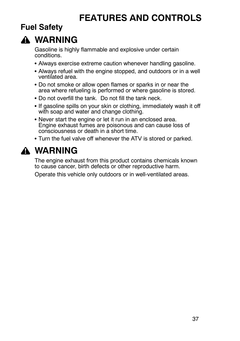Features and controls, Warning, Fuel safety | Polaris Trail Boss 9920770 User Manual | Page 40 / 122