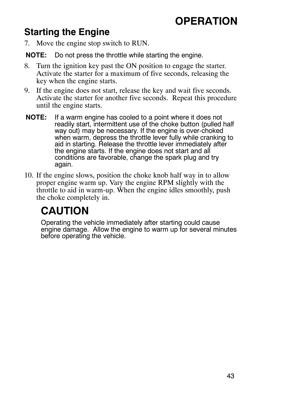 Operation, Caution, Starting the engine | Polaris Trail Boss 9920770 User Manual | Page 46 / 122