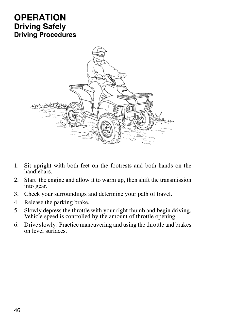 Operation, Driving safely | Polaris Trail Boss 9920770 User Manual | Page 49 / 122