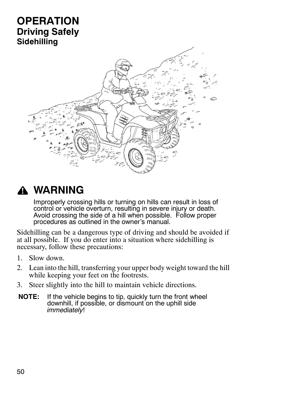 Operation, Warning, Driving safely | Polaris Trail Boss 9920770 User Manual | Page 53 / 122