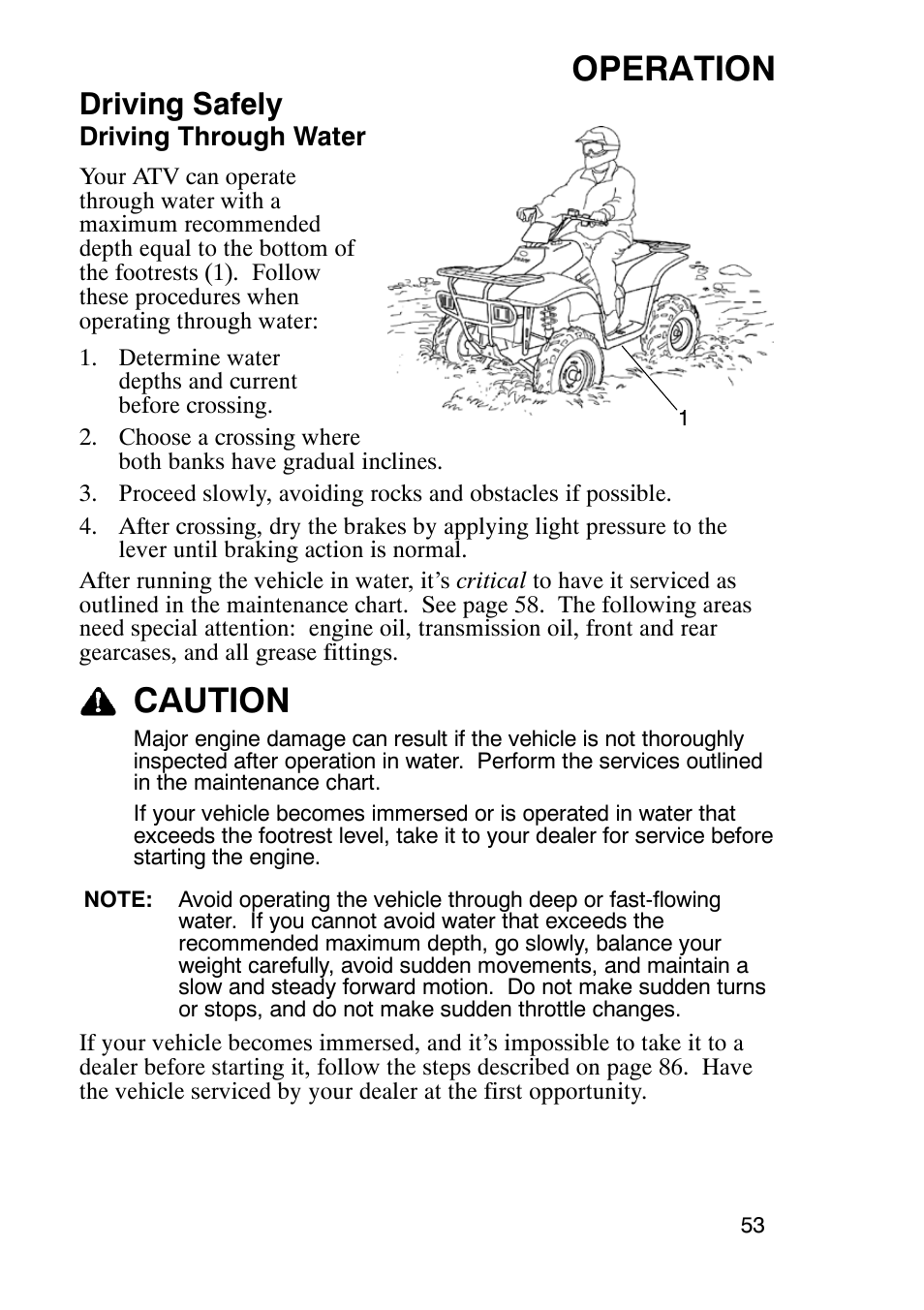 Operation, Caution, Driving safely | Polaris Trail Boss 9920770 User Manual | Page 56 / 122