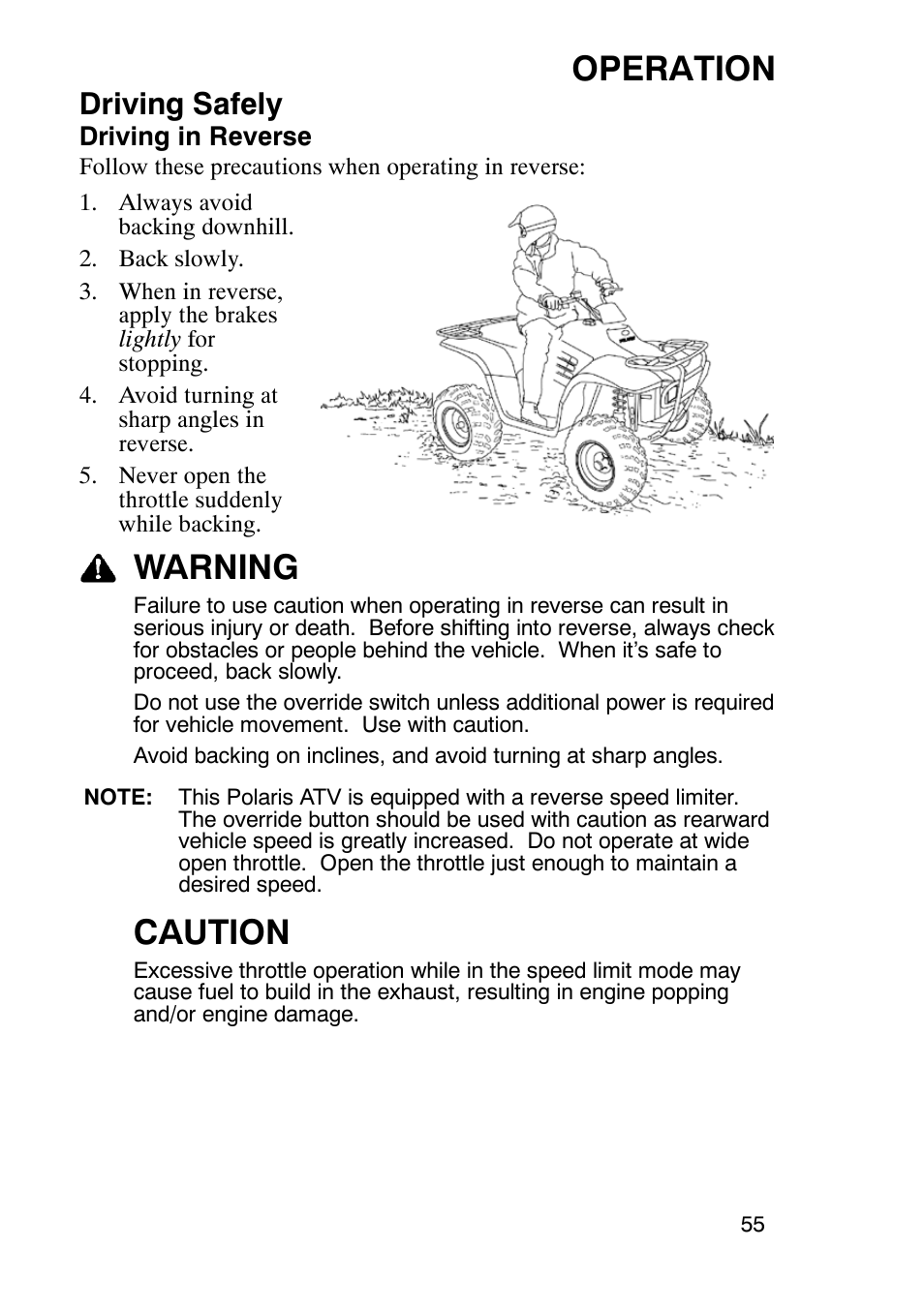 Operation, Warning, Caution | Driving safely | Polaris Trail Boss 9920770 User Manual | Page 58 / 122