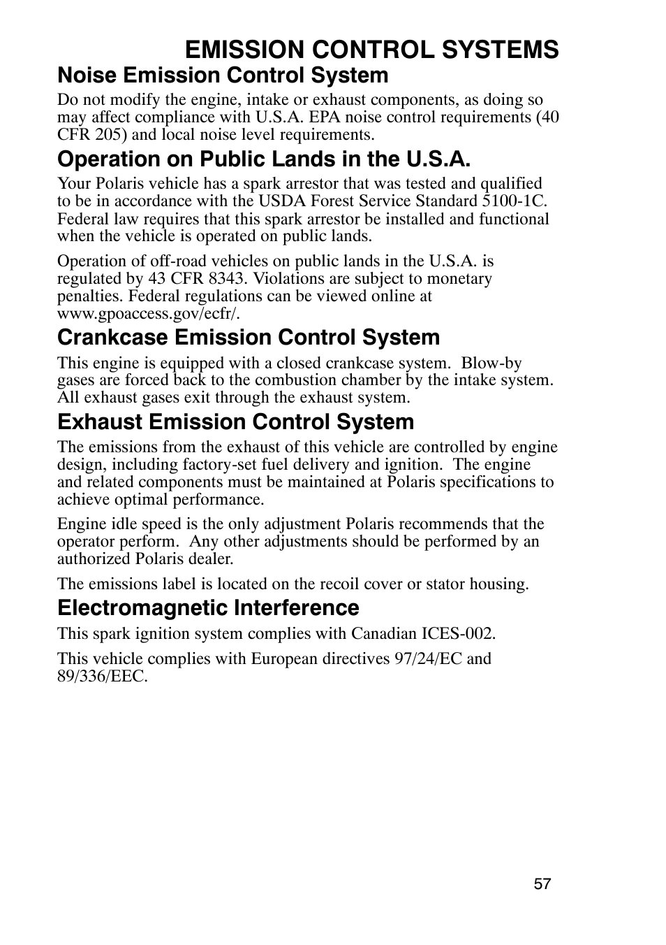 Emission control systems, Noise emission control system, Operation on public lands in the u.s.a | Crankcase emission control system, Exhaust emission control system, Electromagnetic interference | Polaris Trail Boss 9920770 User Manual | Page 60 / 122