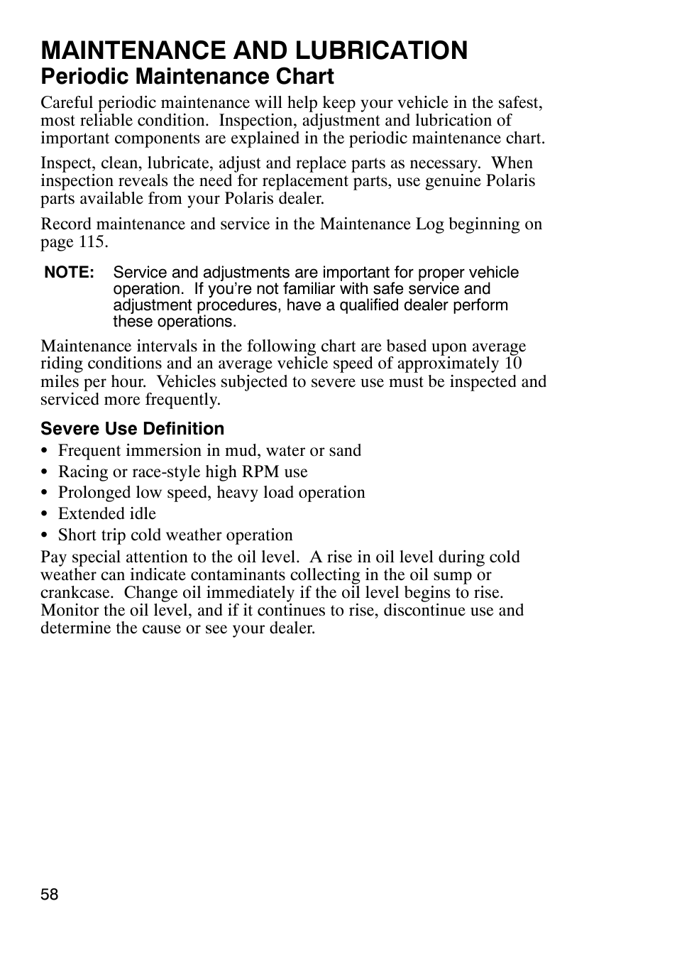 Maintenance and lubrication, Periodic maintenance chart | Polaris Trail Boss 9920770 User Manual | Page 61 / 122