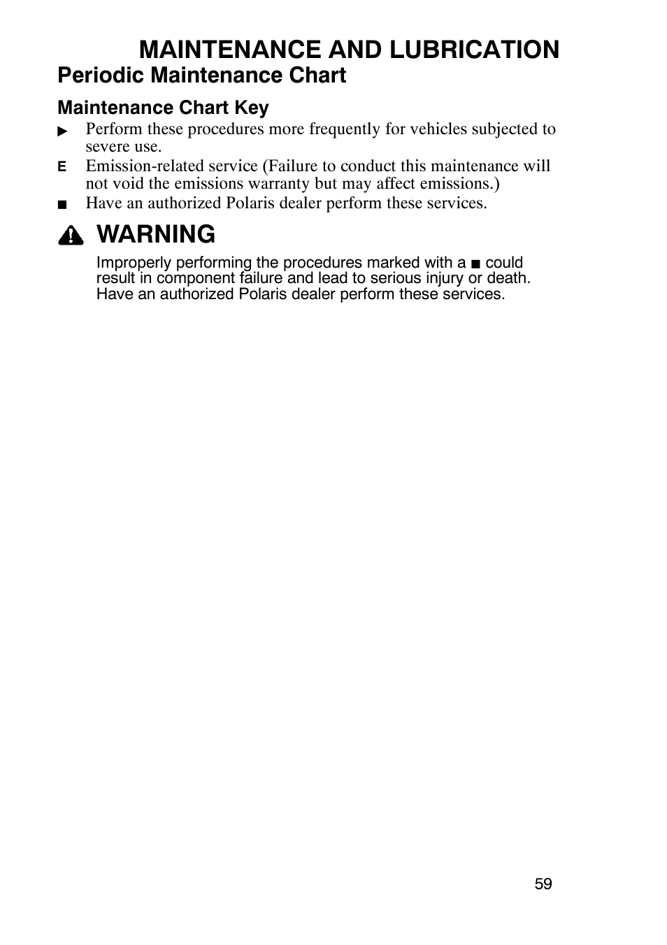 Maintenance and lubrication, Warning, Periodic maintenance chart | Polaris Trail Boss 9920770 User Manual | Page 62 / 122