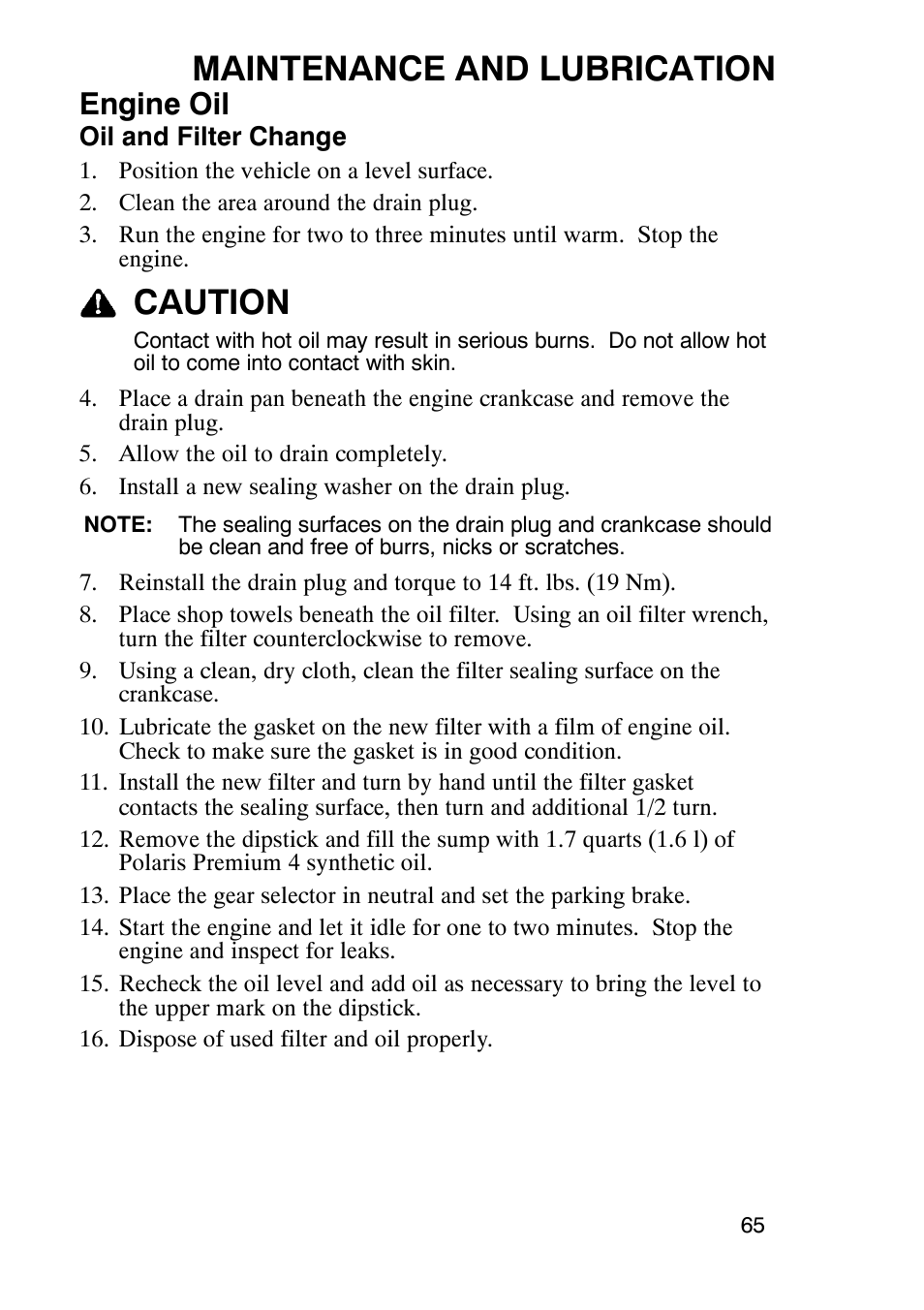 Maintenance and lubrication, Caution, Engine oil | Polaris Trail Boss 9920770 User Manual | Page 68 / 122