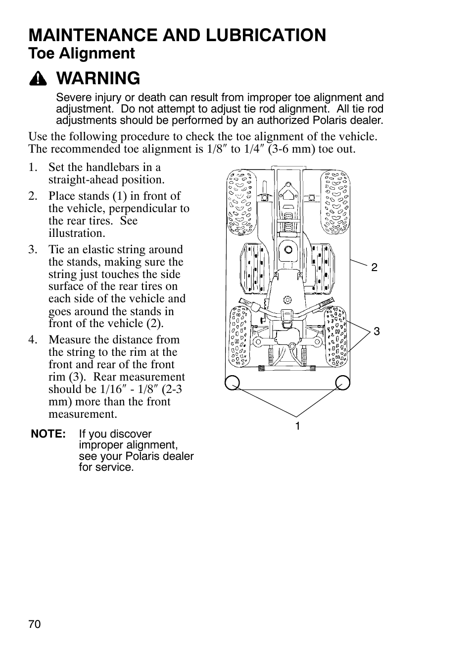 Maintenance and lubrication, Warning, Toe alignment | Polaris Trail Boss 9920770 User Manual | Page 73 / 122