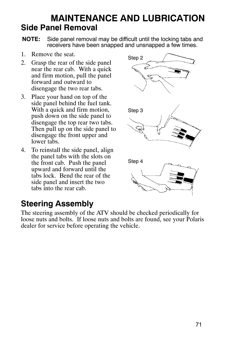 Maintenance and lubrication, Side panel removal, Steering assembly | Polaris Trail Boss 9920770 User Manual | Page 74 / 122