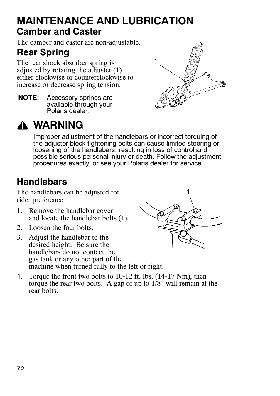 Maintenance and lubrication, Warning, Camber and caster | Rear spring, Handlebars | Polaris Trail Boss 9920770 User Manual | Page 75 / 122