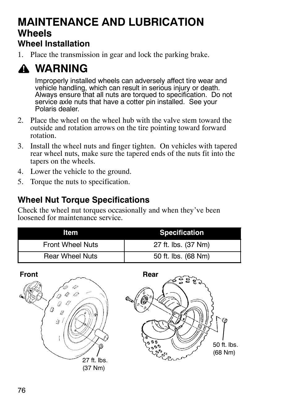 Maintenance and lubrication, Warning, Wheels | Polaris Trail Boss 9920770 User Manual | Page 79 / 122