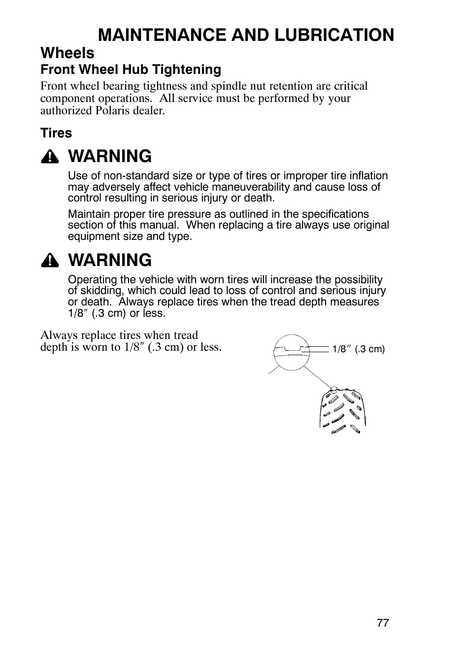 Maintenance and lubrication, Warning, Wheels | Polaris Trail Boss 9920770 User Manual | Page 80 / 122