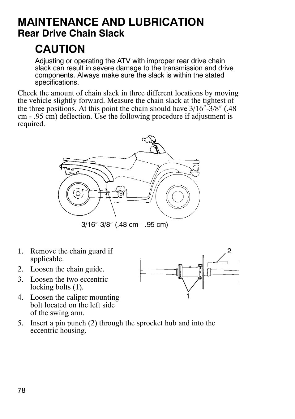 Maintenance and lubrication, Caution, Rear drive chain slack | Polaris Trail Boss 9920770 User Manual | Page 81 / 122