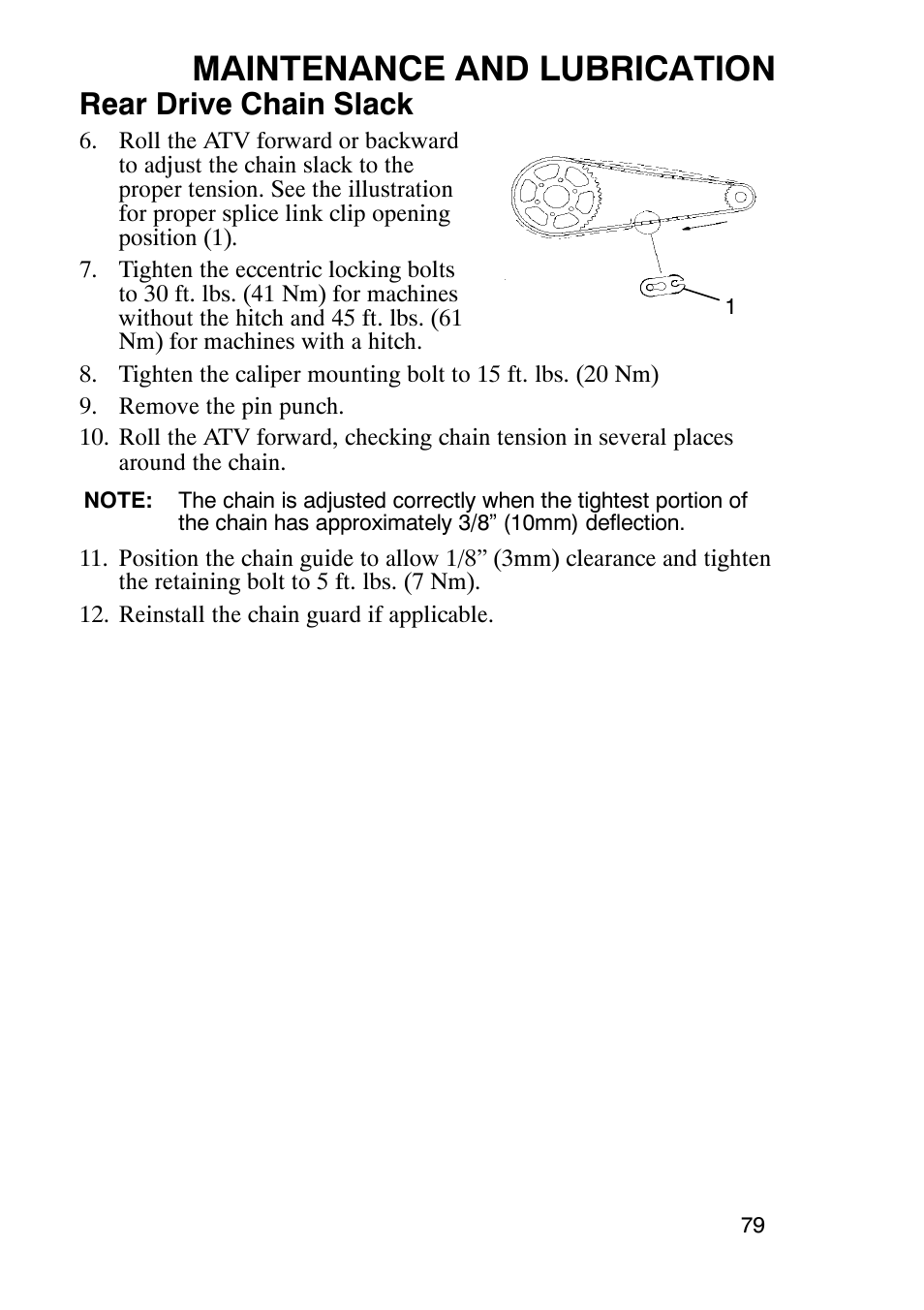 Maintenance and lubrication, Rear drive chain slack | Polaris Trail Boss 9920770 User Manual | Page 82 / 122