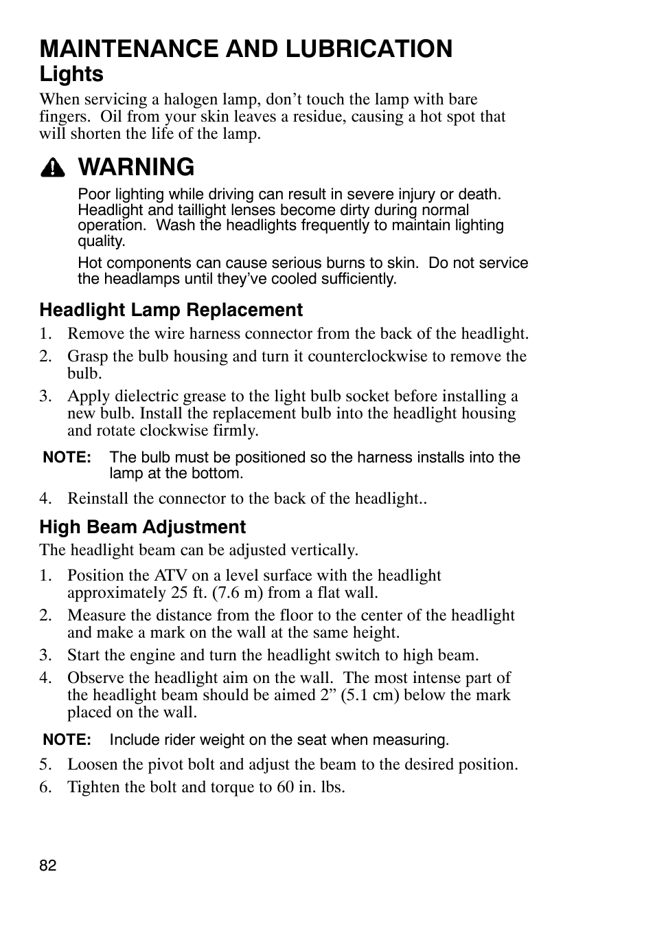 Maintenance and lubrication, Warning, Lights | Polaris Trail Boss 9920770 User Manual | Page 85 / 122