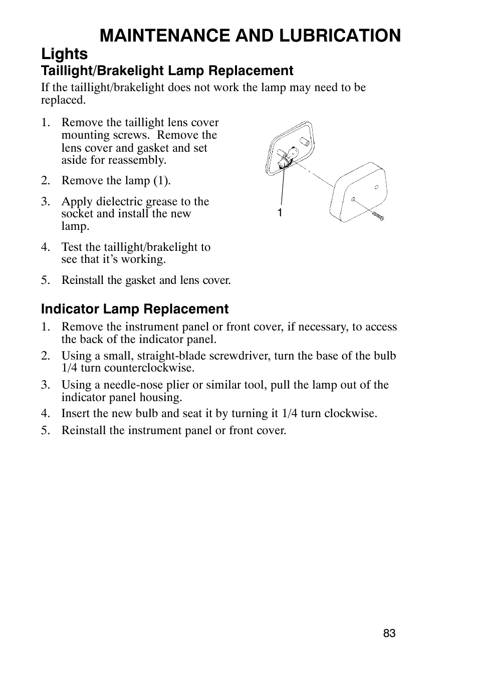 Maintenance and lubrication, Lights | Polaris Trail Boss 9920770 User Manual | Page 86 / 122