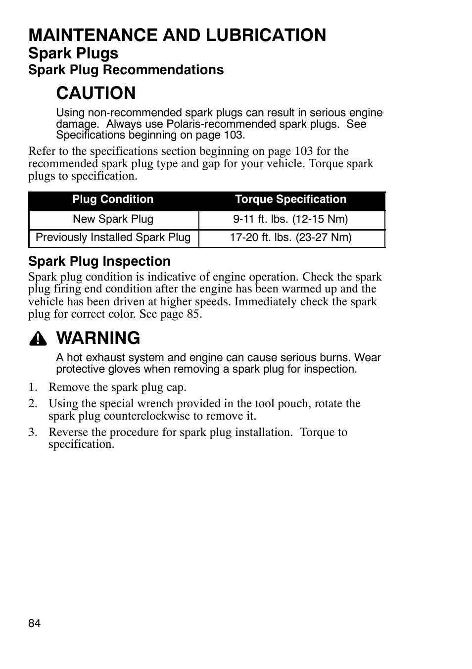 Maintenance and lubrication, Caution, Warning | Spark plugs | Polaris Trail Boss 9920770 User Manual | Page 87 / 122