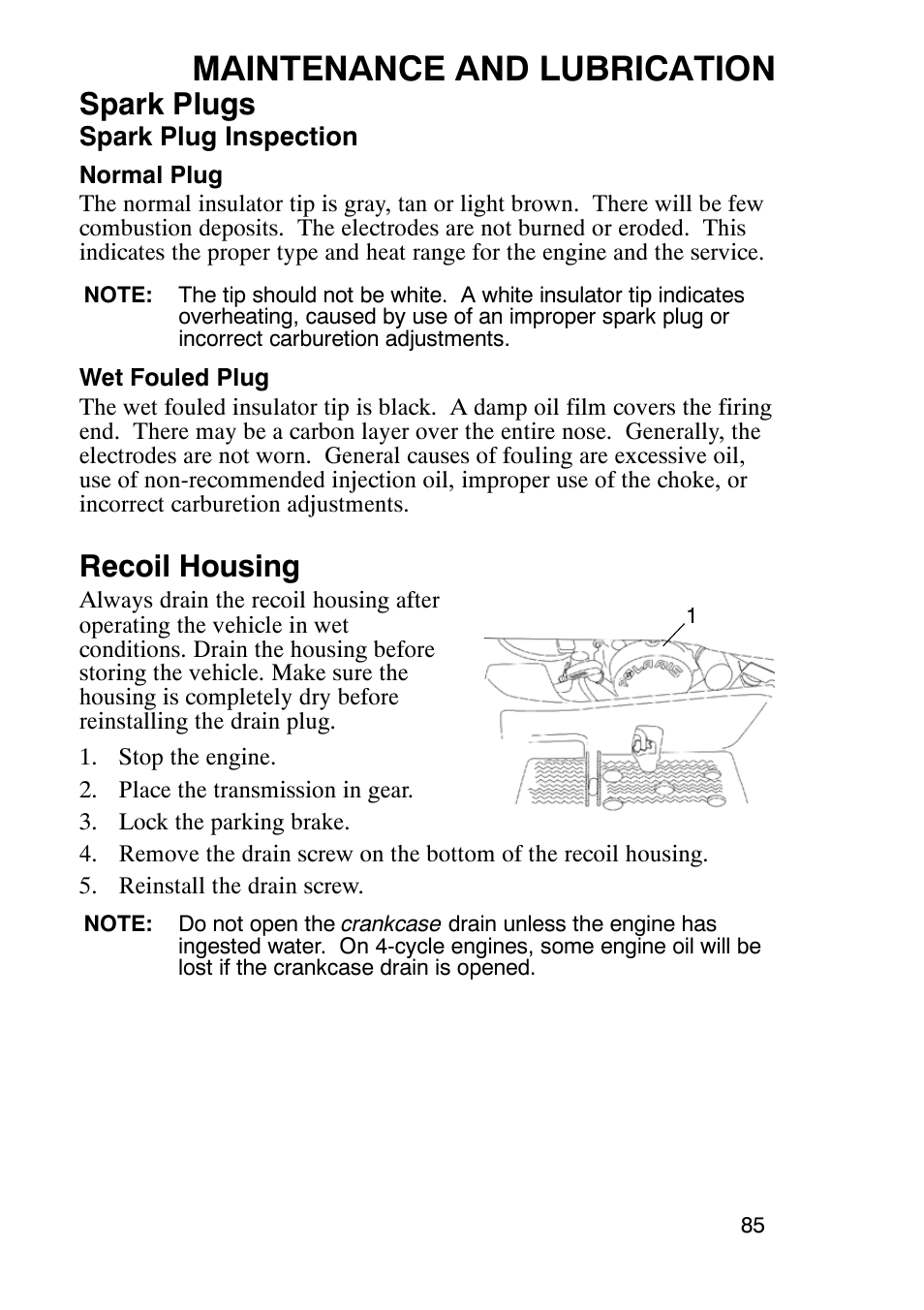 Maintenance and lubrication, Spark plugs, Recoil housing | Polaris Trail Boss 9920770 User Manual | Page 88 / 122