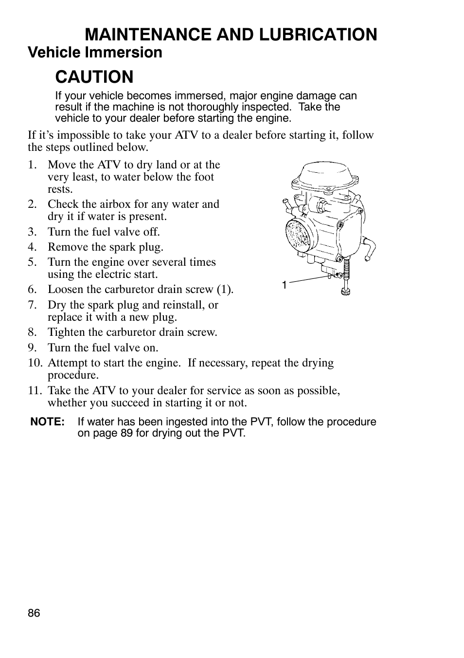 Maintenance and lubrication, Caution, Vehicle immersion | Polaris Trail Boss 9920770 User Manual | Page 89 / 122