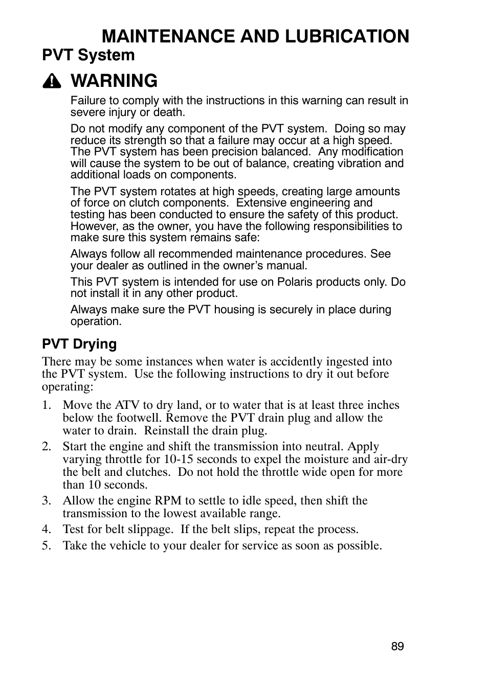 Maintenance and lubrication, Warning, Pvt system | Polaris Trail Boss 9920770 User Manual | Page 92 / 122