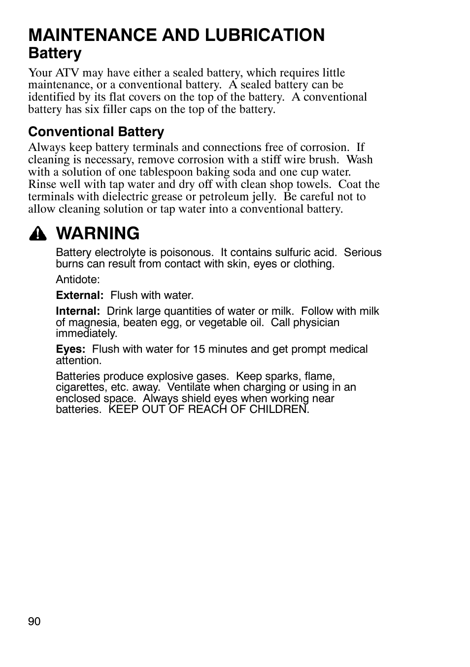 Maintenance and lubrication, Warning, Battery | Polaris Trail Boss 9920770 User Manual | Page 93 / 122