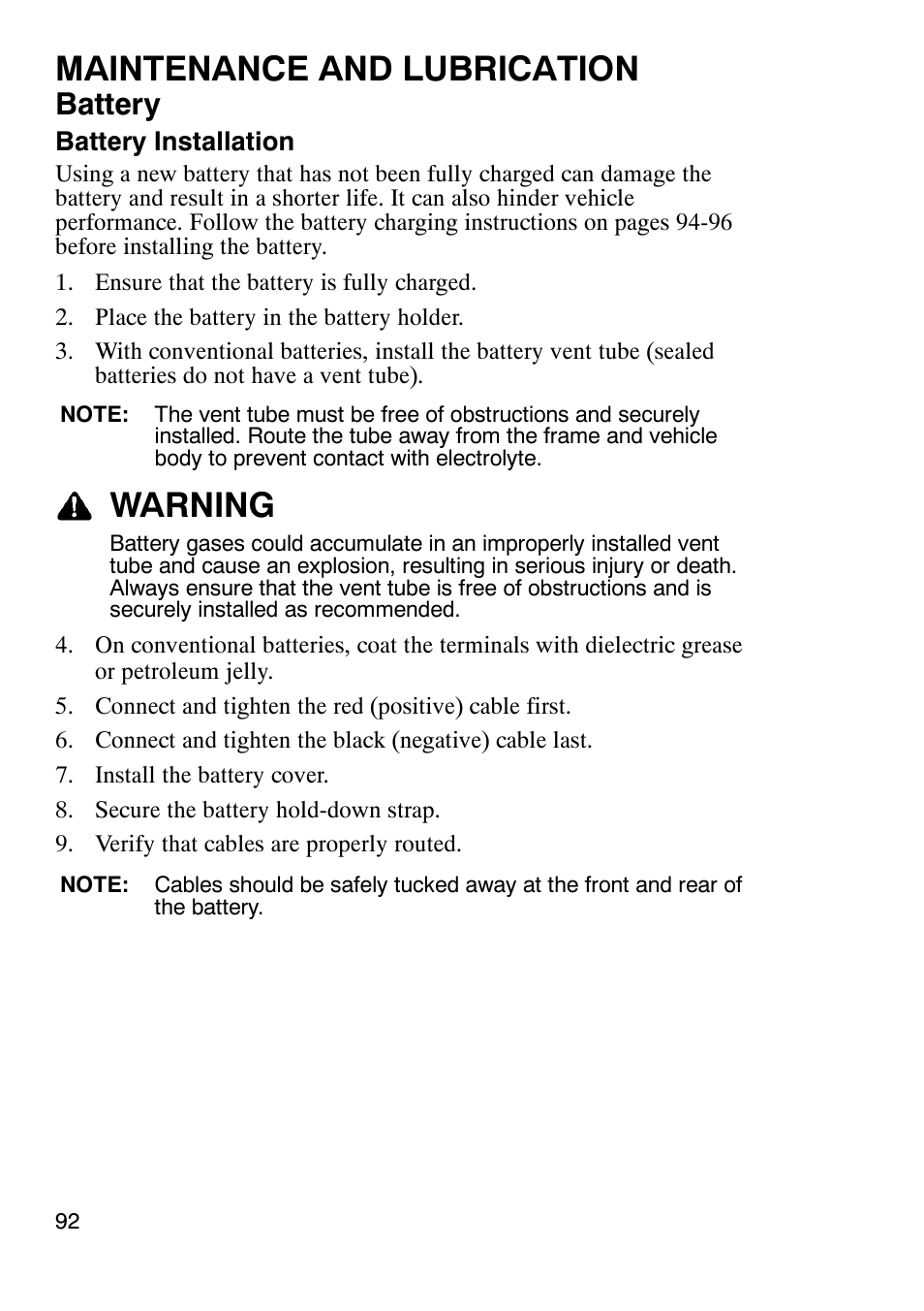 Maintenance and lubrication, Warning, Battery | Polaris Trail Boss 9920770 User Manual | Page 95 / 122