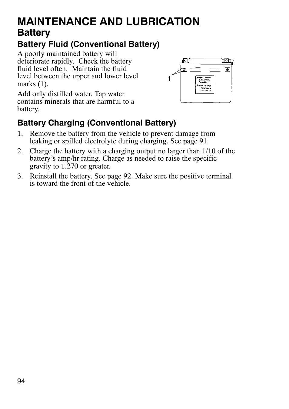 Maintenance and lubrication, Battery | Polaris Trail Boss 9920770 User Manual | Page 97 / 122