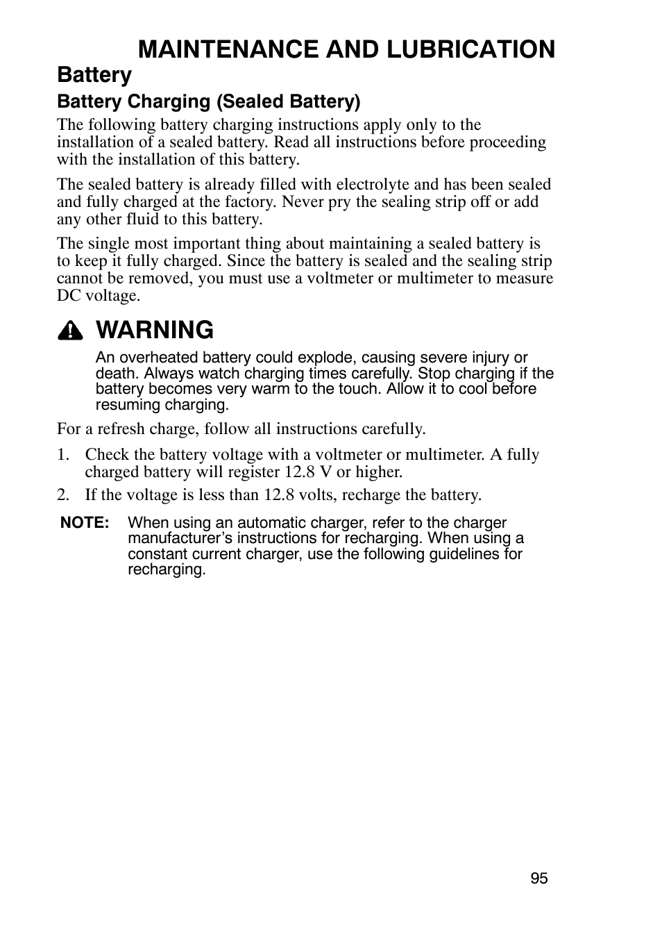 Maintenance and lubrication, Warning, Battery | Polaris Trail Boss 9920770 User Manual | Page 98 / 122