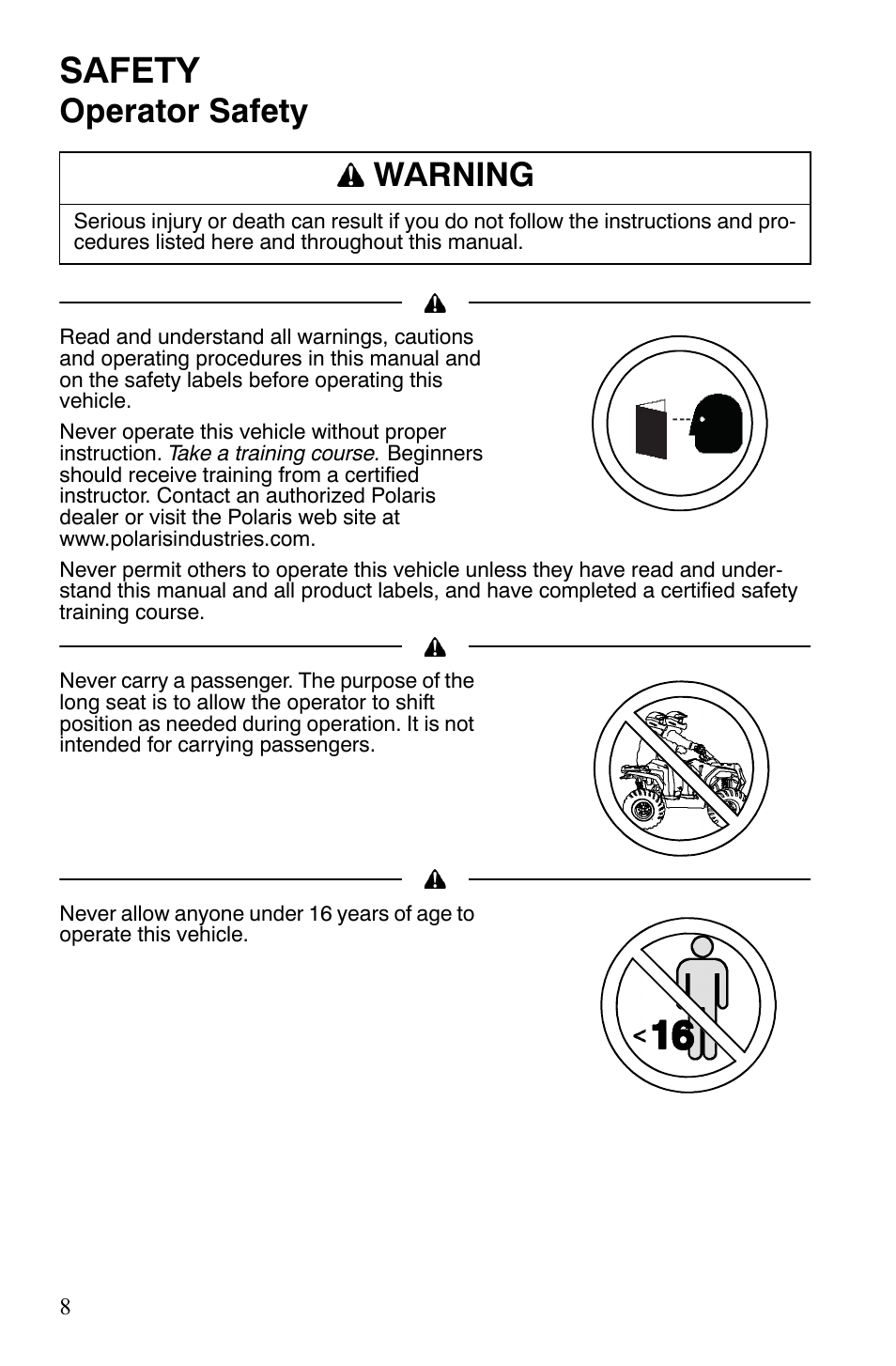 Safety, Operator safety, Warning | Polaris Hawkeye 9922016 User Manual | Page 10 / 124