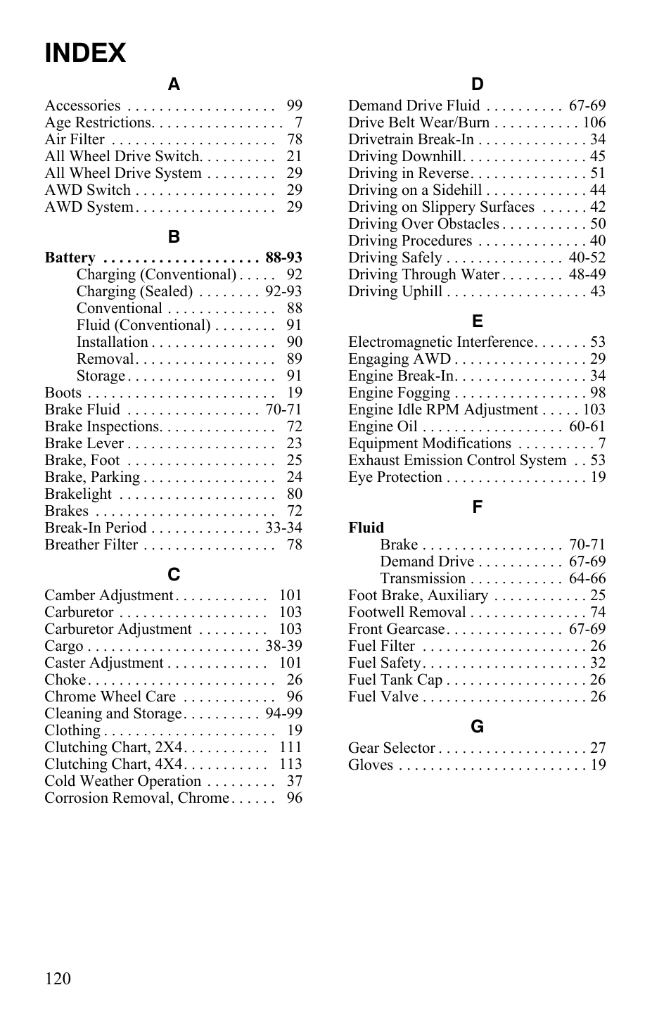 Index | Polaris Hawkeye 9922016 User Manual | Page 122 / 124