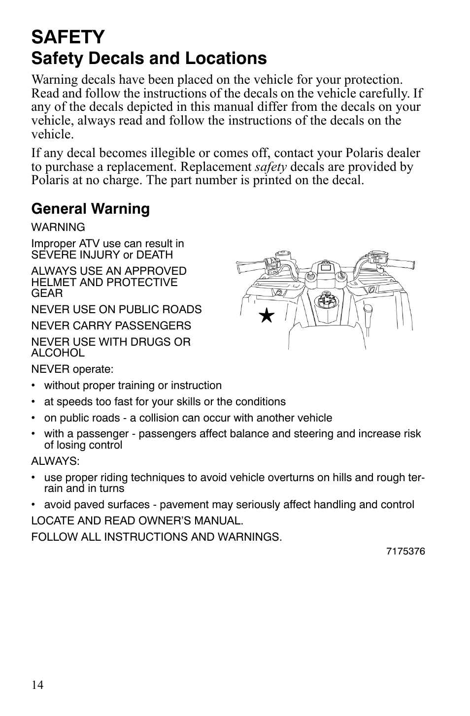 Safety, Safety decals and locations, General warning | Polaris Hawkeye 9922016 User Manual | Page 16 / 124