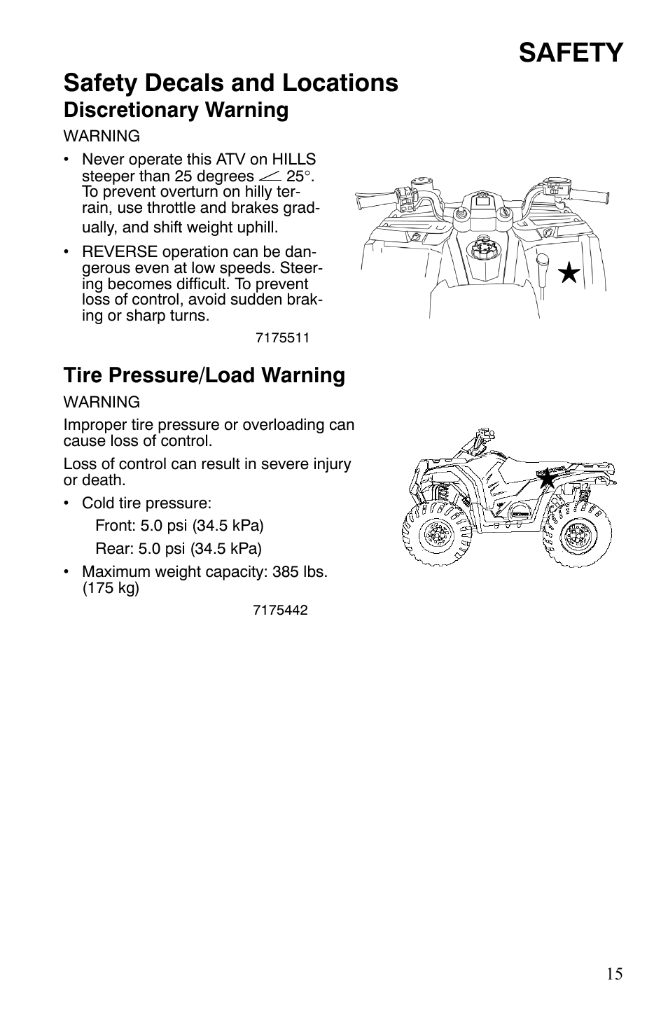 Safety, Safety decals and locations, Discretionary warning | Tire pressure/load warning | Polaris Hawkeye 9922016 User Manual | Page 17 / 124