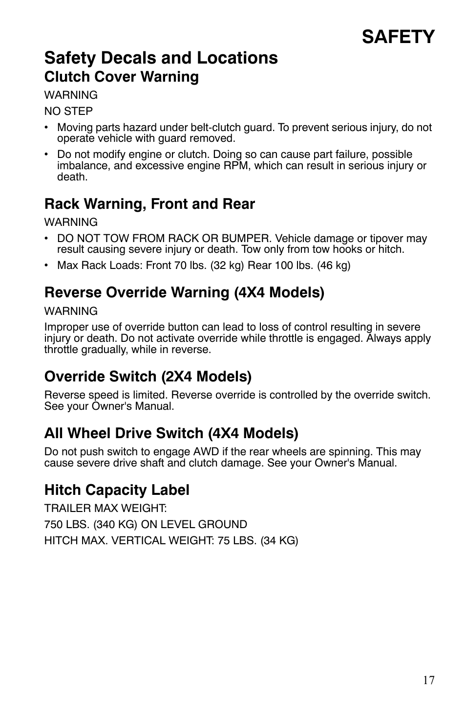 Safety, Safety decals and locations, Clutch cover warning | Rack warning, front and rear, Reverse override warning (4x4 models), Override switch (2x4 models), All wheel drive switch (4x4 models), Hitch capacity label | Polaris Hawkeye 9922016 User Manual | Page 19 / 124