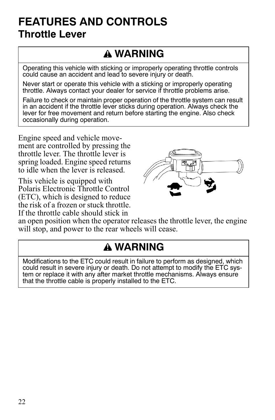 Features and controls, Throttle lever, Warning | Polaris Hawkeye 9922016 User Manual | Page 24 / 124