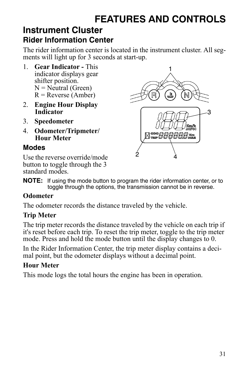 Features and controls, Instrument cluster | Polaris Hawkeye 9922016 User Manual | Page 33 / 124
