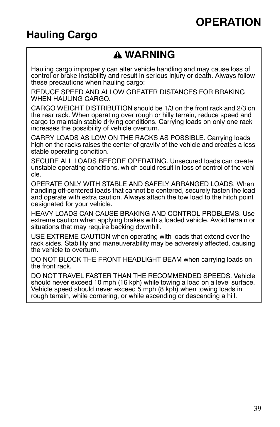 Operation, Hauling cargo warning | Polaris Hawkeye 9922016 User Manual | Page 41 / 124