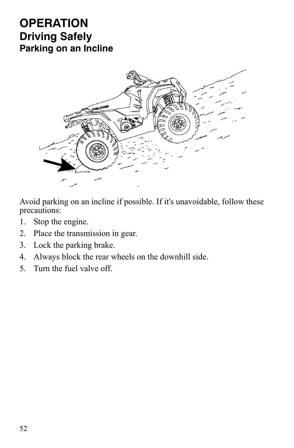 Operation, Driving safely | Polaris Hawkeye 9922016 User Manual | Page 54 / 124