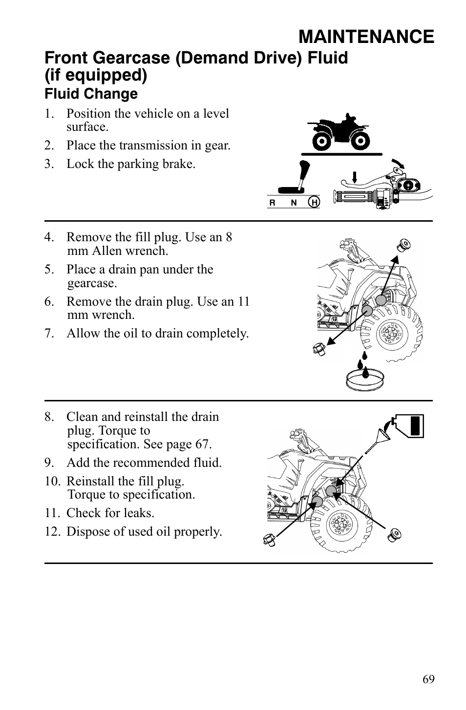 Maintenance, Front gearcase (demand drive) fluid (if equipped) | Polaris Hawkeye 9922016 User Manual | Page 71 / 124