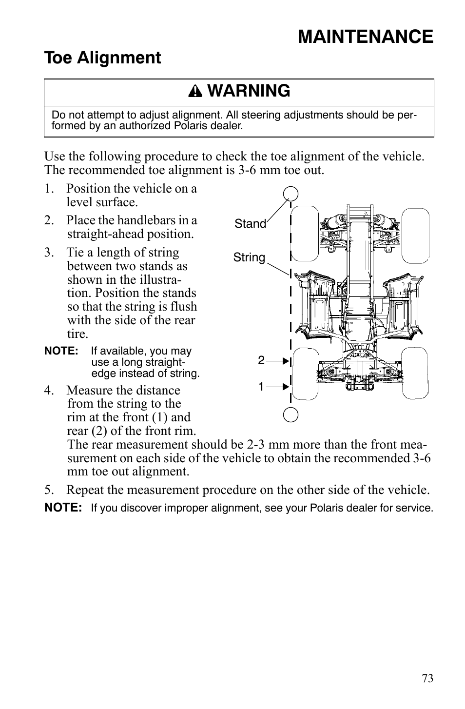 Maintenance, Toe alignment, Warning | Polaris Hawkeye 9922016 User Manual | Page 75 / 124