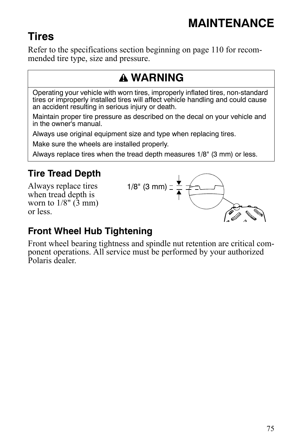 Maintenance, Tires, Warning | Polaris Hawkeye 9922016 User Manual | Page 77 / 124