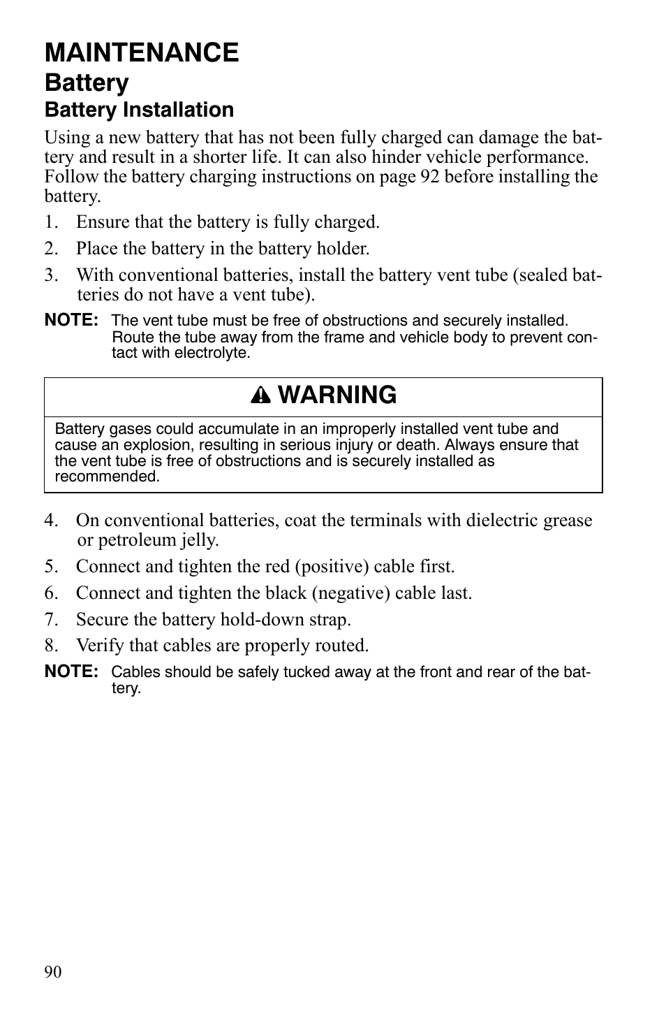 Maintenance, Battery, Warning | Battery installation | Polaris Hawkeye 9922016 User Manual | Page 92 / 124