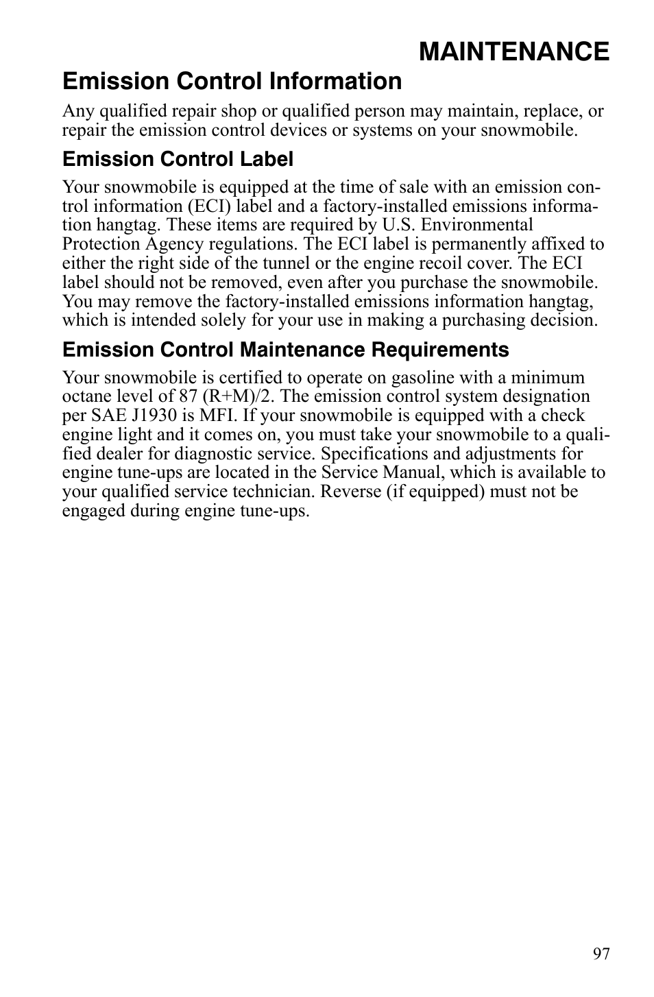 Maintenance, Emission control information | Polaris FS IQ TOURING 7427 C User Manual | Page 100 / 176