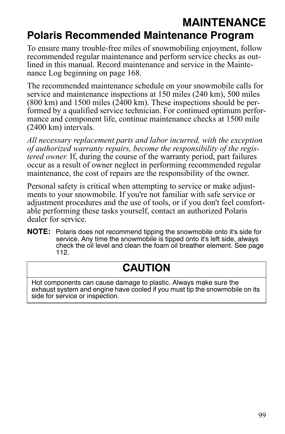 Maintenance, Polaris recommended maintenance program, Caution | Polaris FS IQ TOURING 7427 C User Manual | Page 102 / 176