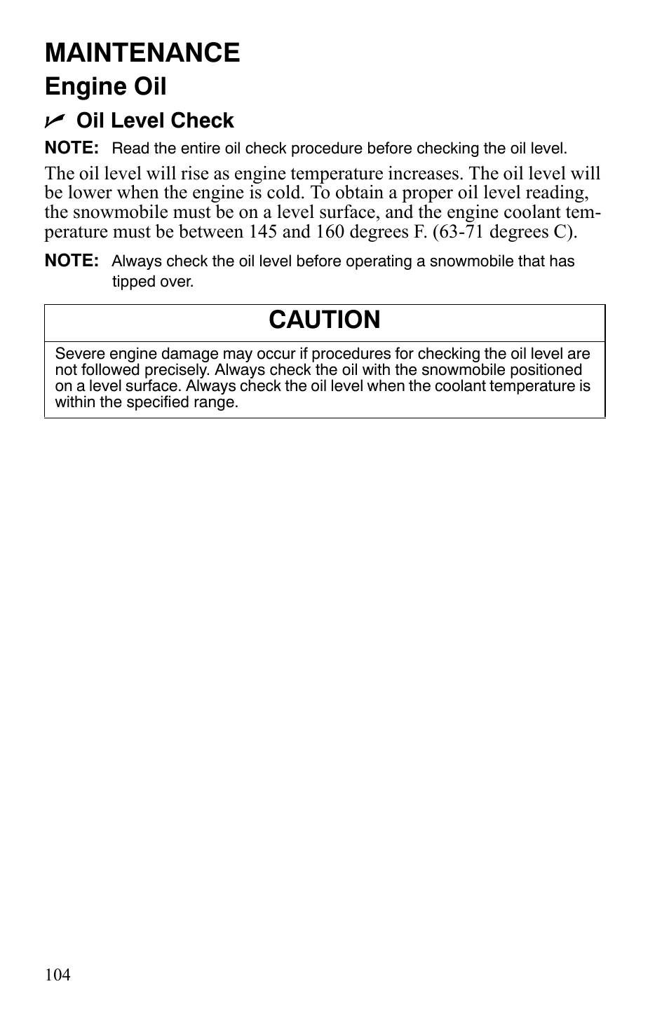 Maintenance, Engine oil, Caution | Noil level check | Polaris FS IQ TOURING 7427 C User Manual | Page 107 / 176