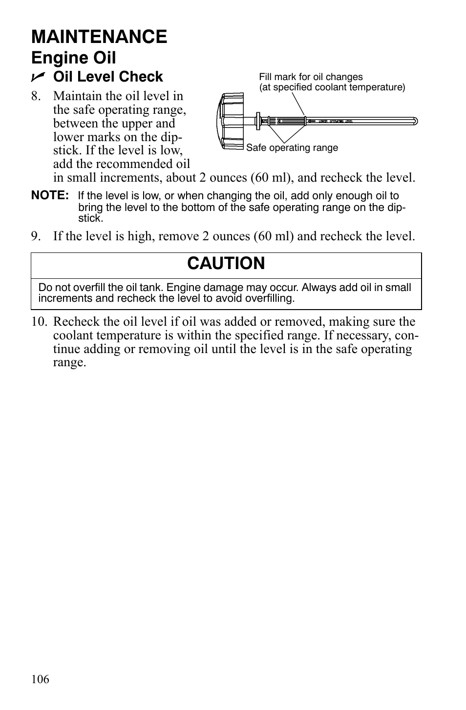 Maintenance, Engine oil, Caution | Noil level check | Polaris FS IQ TOURING 7427 C User Manual | Page 109 / 176
