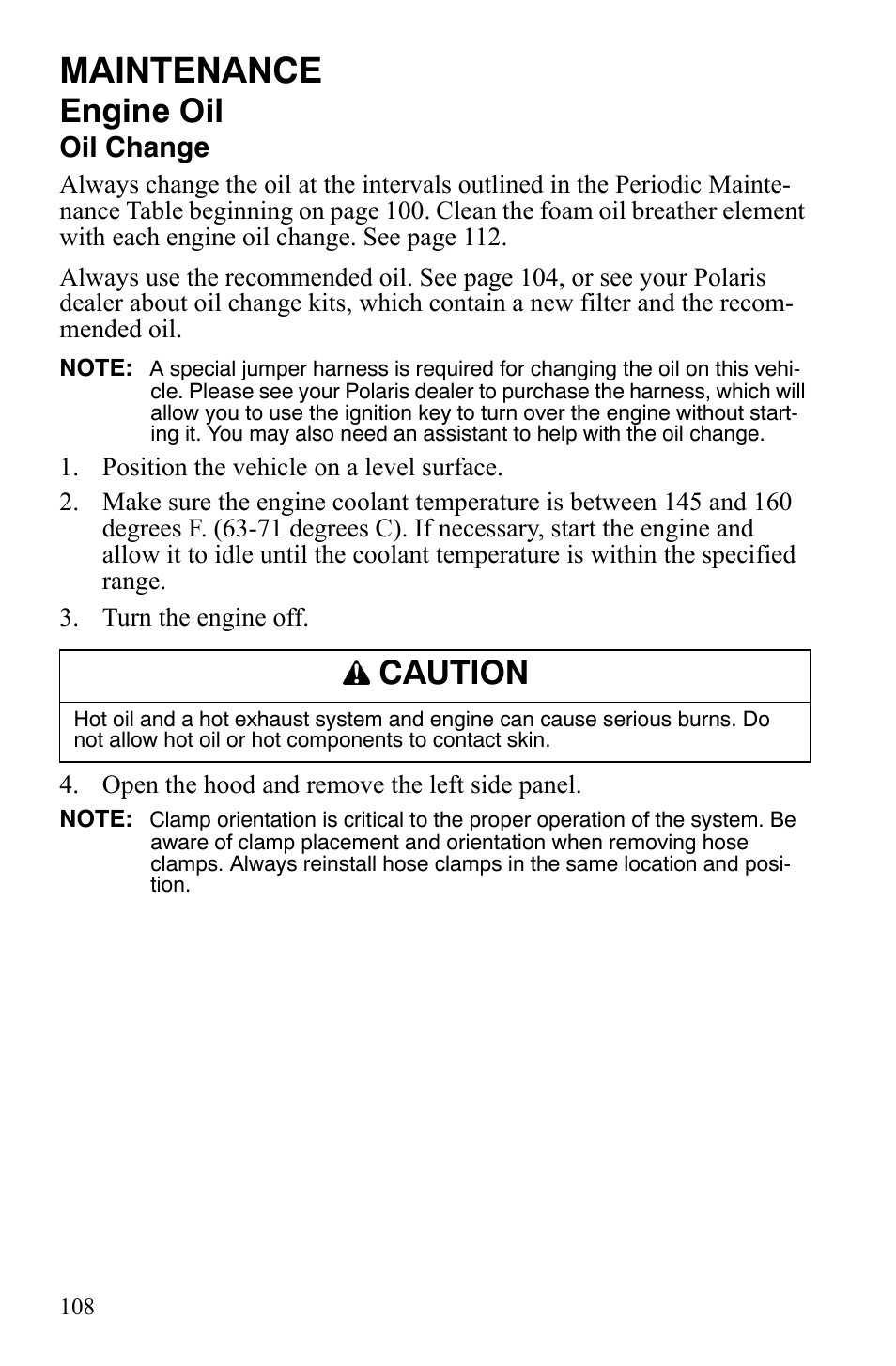 Maintenance, Engine oil, Caution | Oil change | Polaris FS IQ TOURING 7427 C User Manual | Page 111 / 176